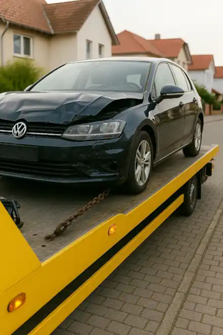 Ein defektes Auto wird zur Reparatur abgeschleppt, bevor es beim Autoankauf in Groß-Gerau bewertet wird.
