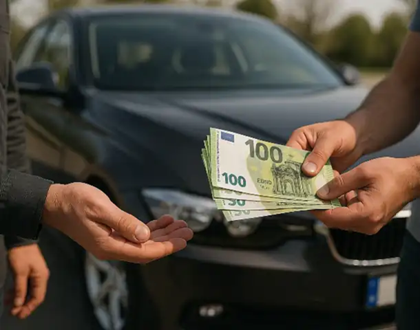 Ein Kunde erhält eine Barauszahlung beim Autoankauf in Groß-Gerau für sein Gebrauchtfahrzeug.